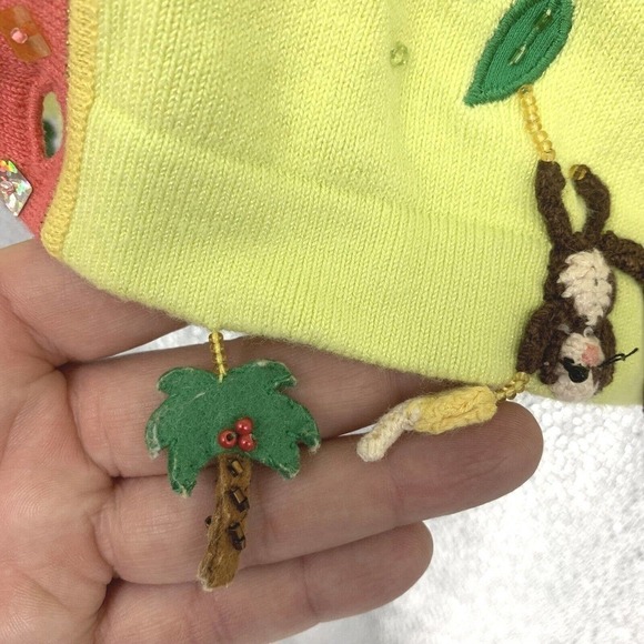 Vintage Berek 2 Tropical Palm Tree Monkey Sz M Novelty Sweater Twinset Beaded - Picture 6 of 11